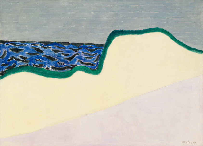 Under a gray sky, a sand dune outlined in emerald green overlooks a sea of blue and black streaks.