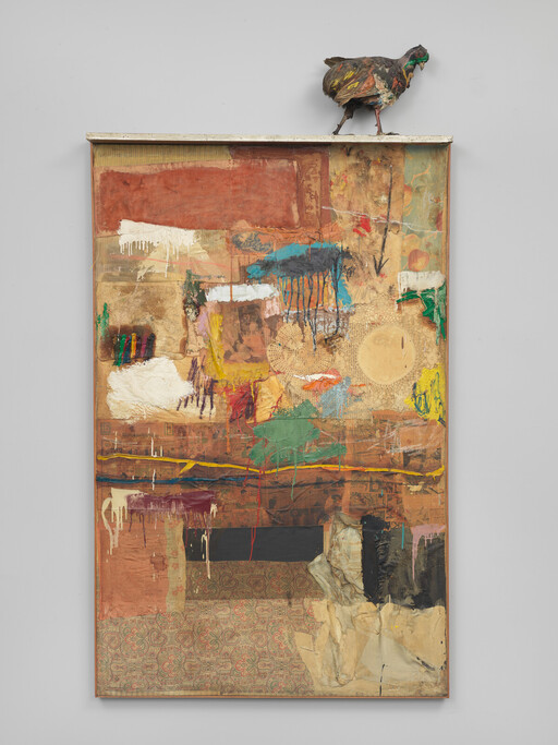 Large mixed-media collage with colorful drips and textures and a sculpted bird perched on top.