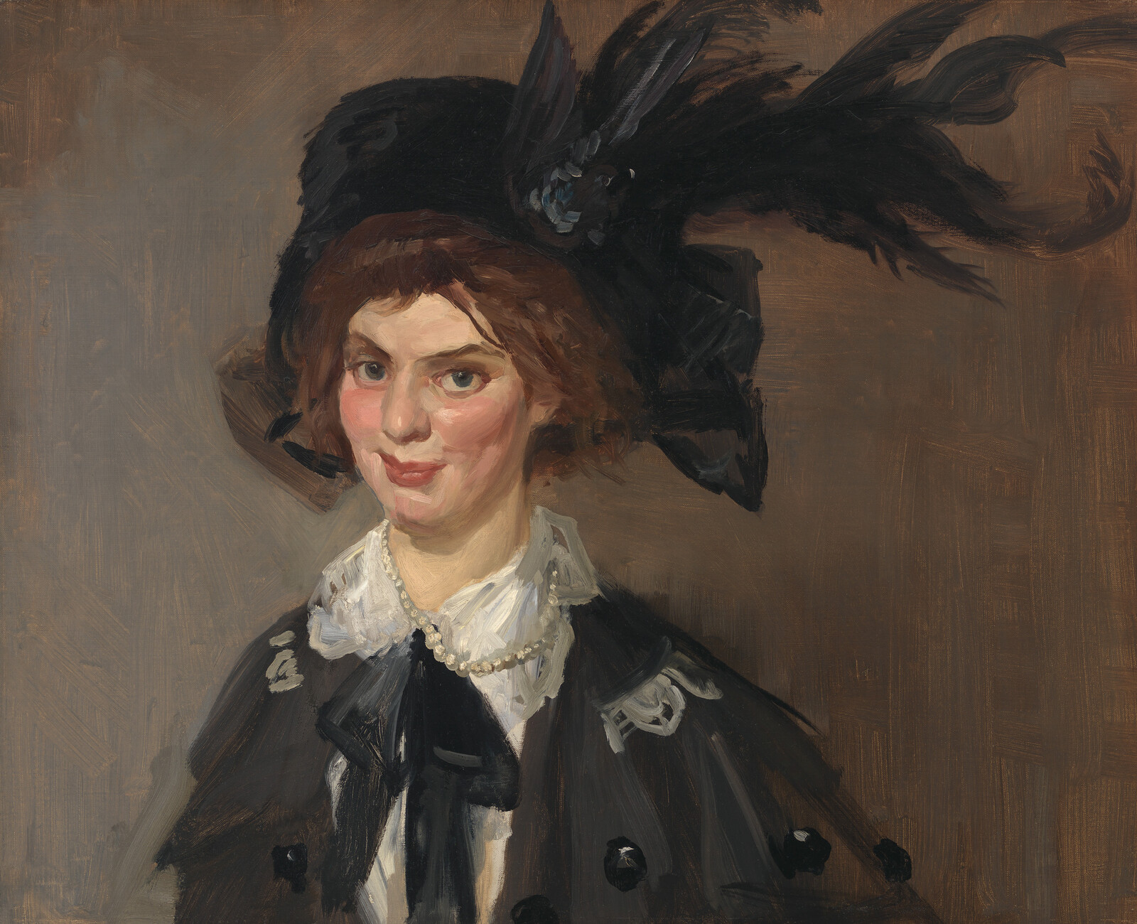 A woman in a large black feathered hat and pearl necklace looks confidently toward the viewer.