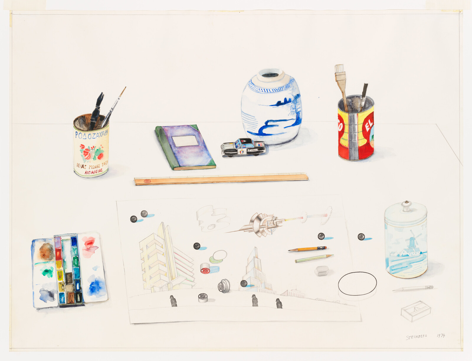 A tidy artist's workspace with watercolor palette, brushes in cans, ruler, and a building sketch.