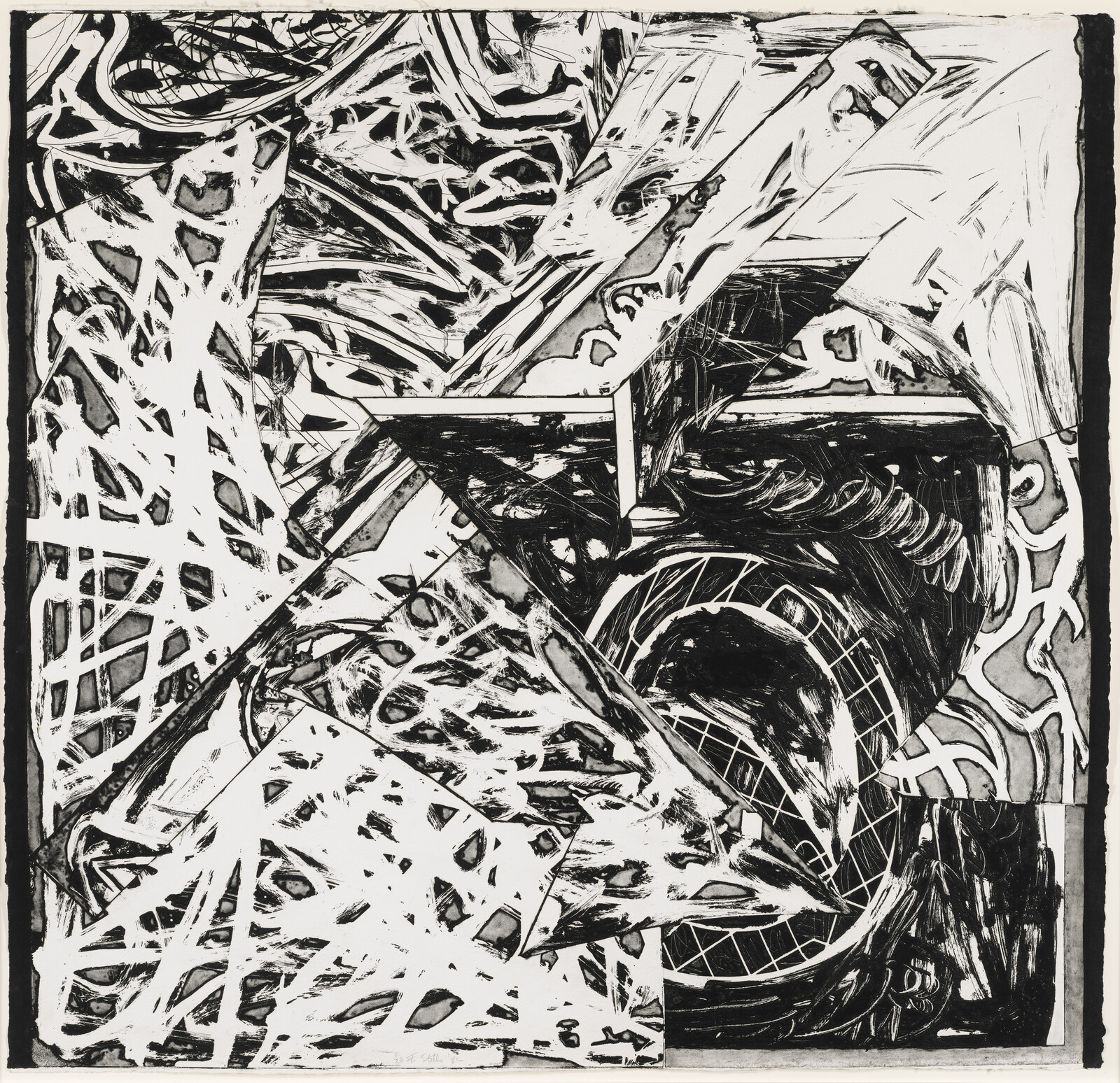 Abstract black-and-white artwork with overlapping spirals, triangular shapes, and tangled lattice patterns.