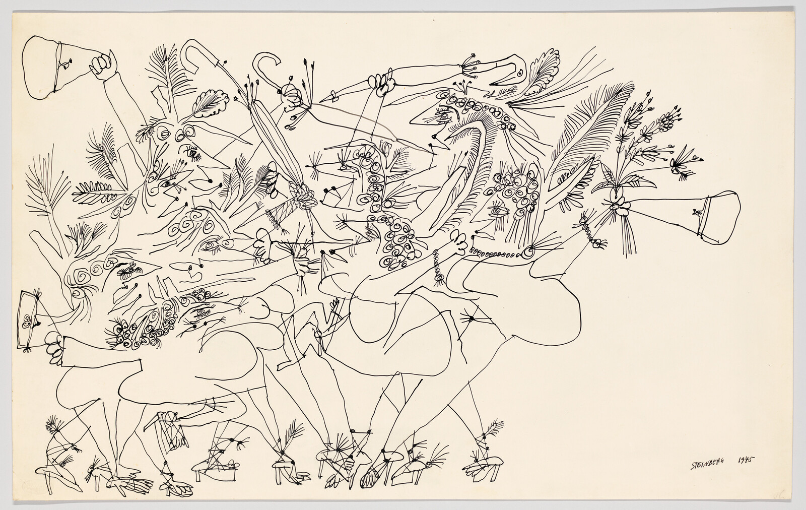 Several dancing women with feathered headdresses and high heels linked arm in arm mid-step.