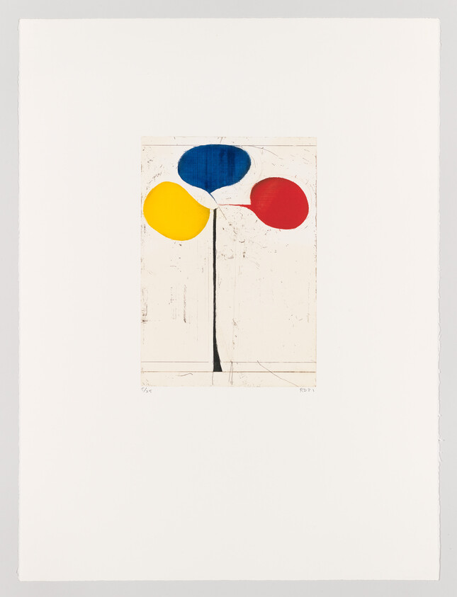 A thin black stem supports three large rounded shapes in blue, red, and yellow on white.