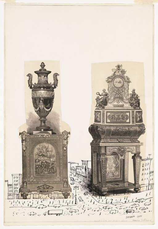 Two towering ornate antique cabinets and urns stand like oversized monuments above a drawn city street.