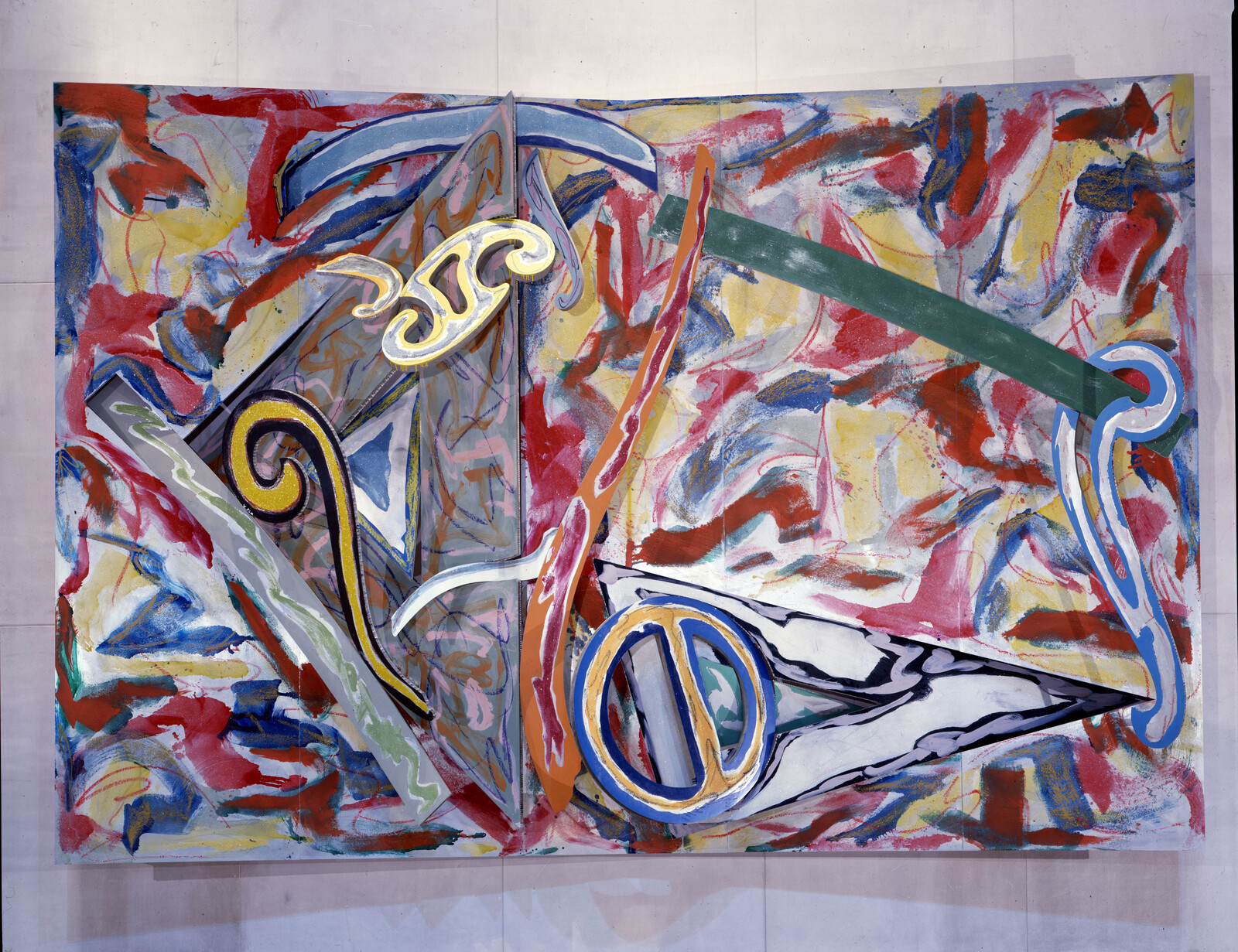 Large colorful abstract painting with swirling shapes, diagonal geometric forms, and layered brushstrokes.