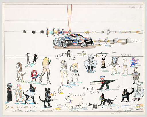 A police car fires colorful beams above a parade of quirky cartoon characters on a white background.