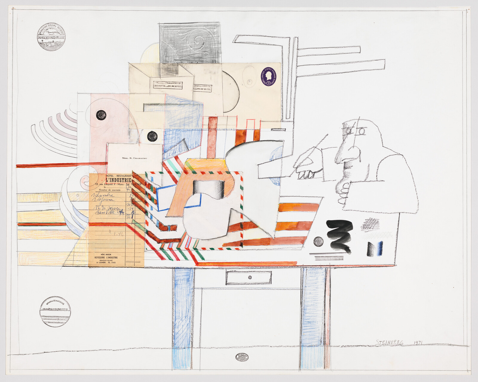 A mixed-media collage and drawing of a cluttered table with a cartoonish figure pointing.