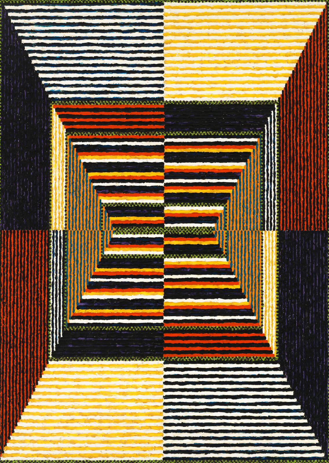 Concentric rectangular stripes in black, white, yellow, orange, and red form a tunnel-like geometric pattern.