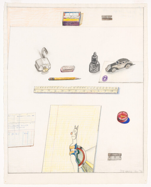 An organized arrangement of desk items including a pencil, ruler, eraser, toy car, and ink bottle.
