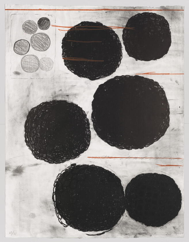 Seven dark textured circles arranged on a pale background with thin red horizontal lines.