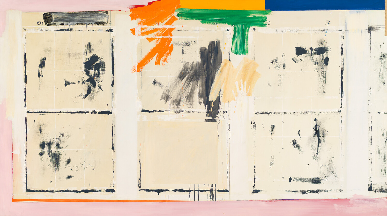 Abstract painting of three pale grid panels with black smudges and colorful brushstrokes at top.