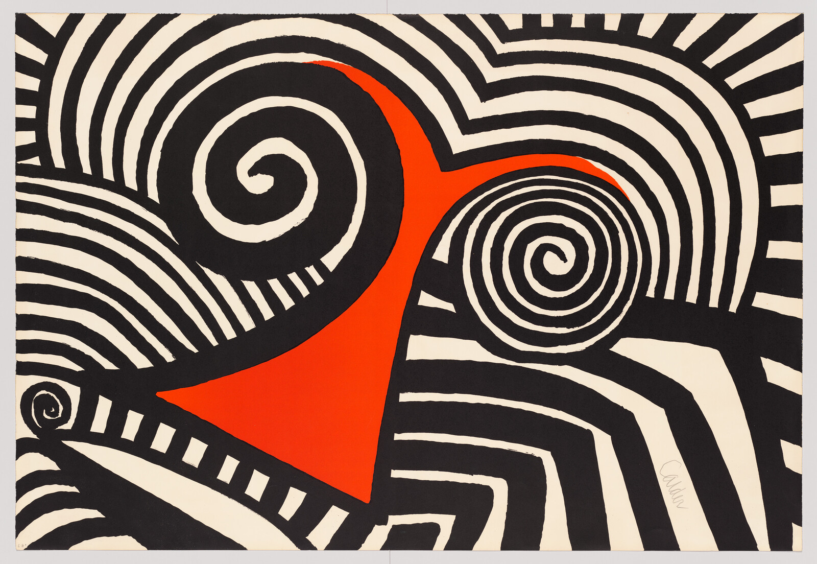 Bold black-and-white spirals and stripes surround a vivid red triangular shape at the center.
