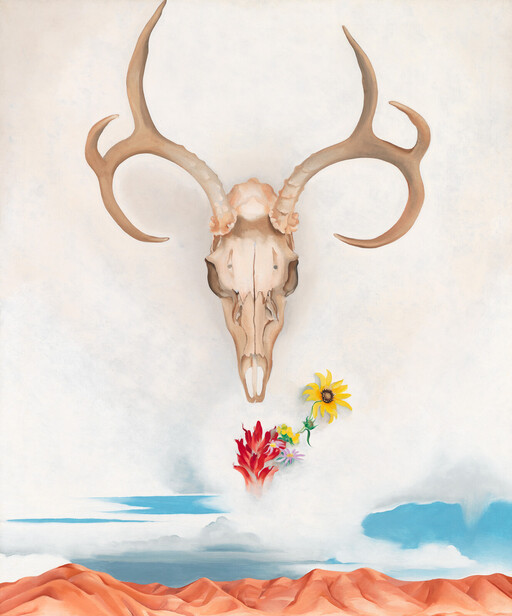 A deer skull with large antlers floats above a desert while colorful flowers bloom below.