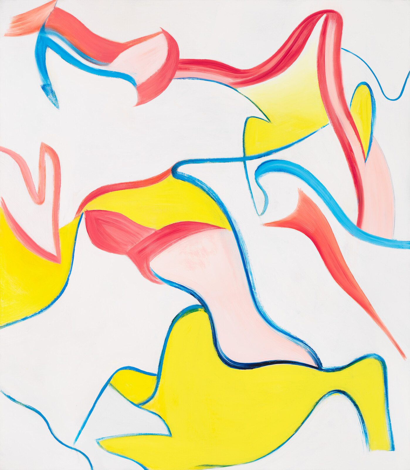 Bright abstract painting with flowing yellow, pink, red, and blue curved shapes against white.