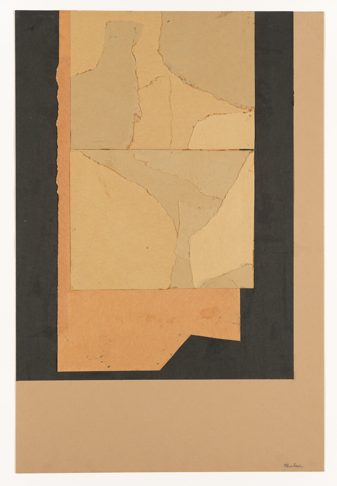 Abstract collage of torn beige paper panels framed by a thick black border on tan background.