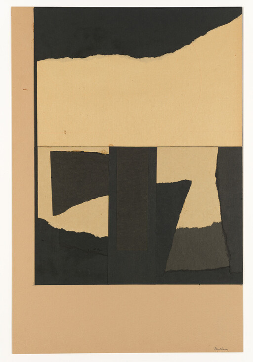 Abstract collage of torn beige and black paper forming geometric blocks on a tan background.
