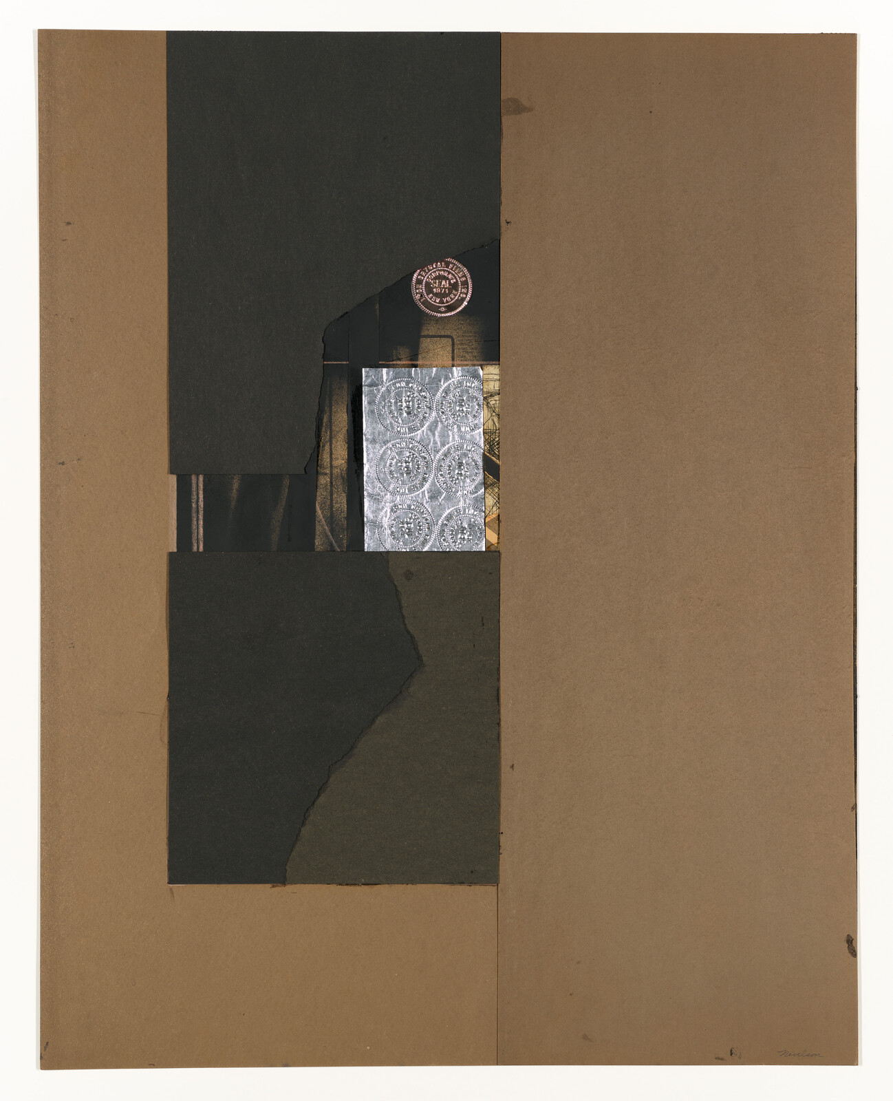 Collage of brown and black paper panels centered with a small silver patterned rectangle and torn edges.