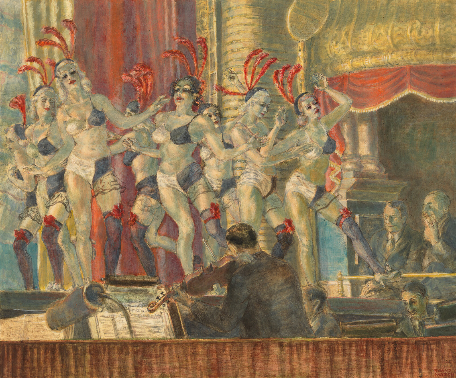 A line of showgirls in feathered headpieces dance on stage while a violinist plays in the pit.