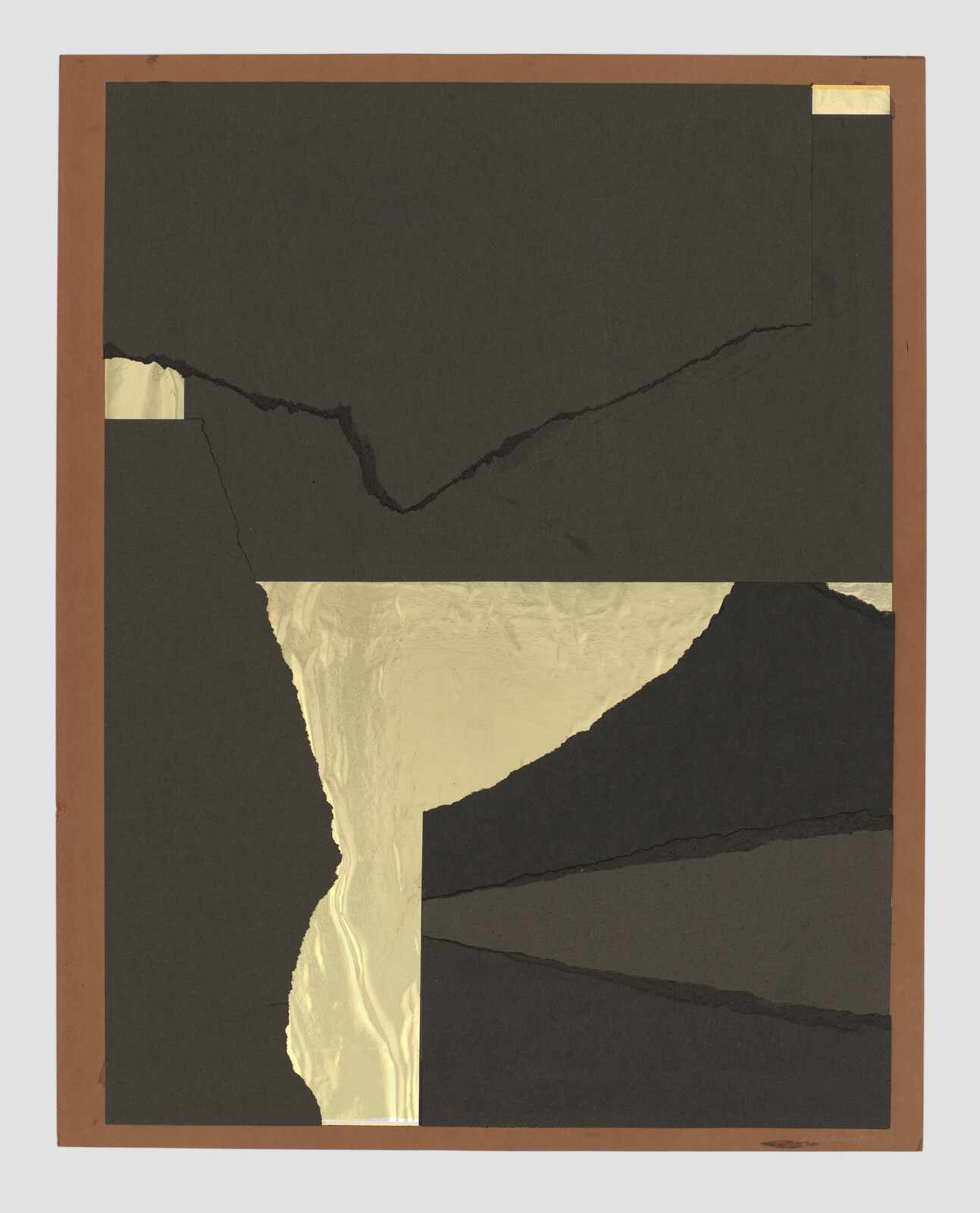 Abstract collage of torn black paper revealing gold foil shapes within a thin brown frame.