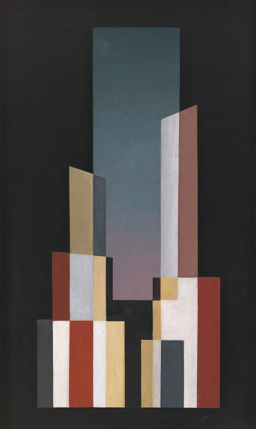 Tall abstract geometric towers of colored rectangular blocks rising against a dark background.