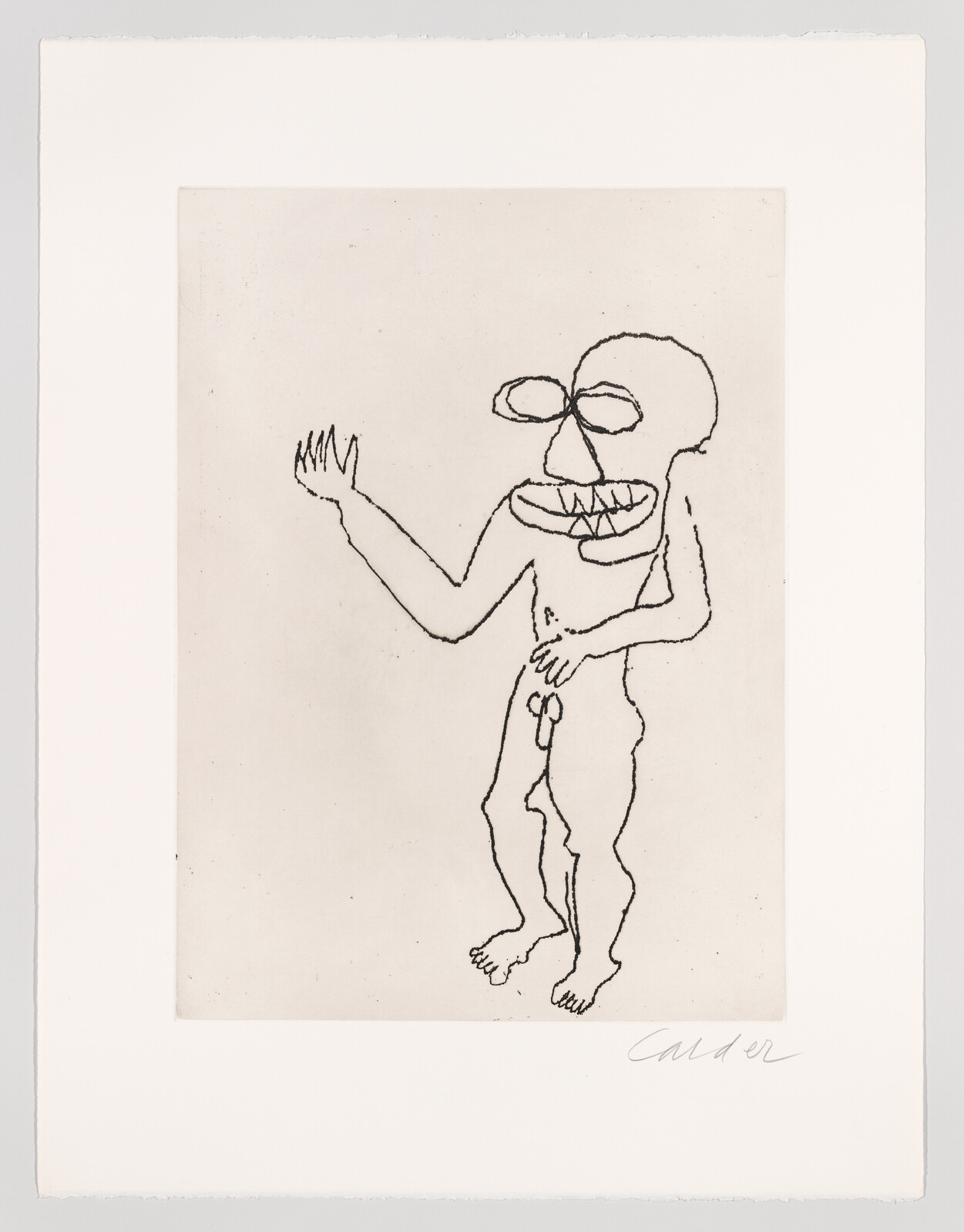 A simple line drawing of a standing naked figure with large teeth and one arm raised.
