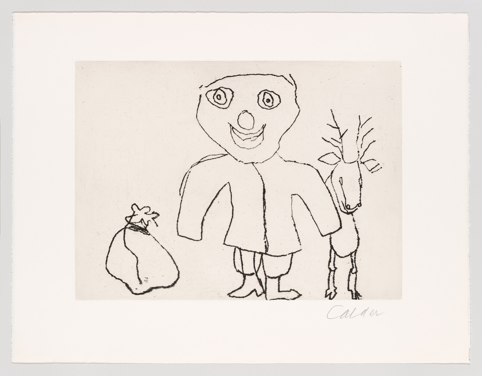 A simple line drawing of a smiling figure standing between a bag and a deer.