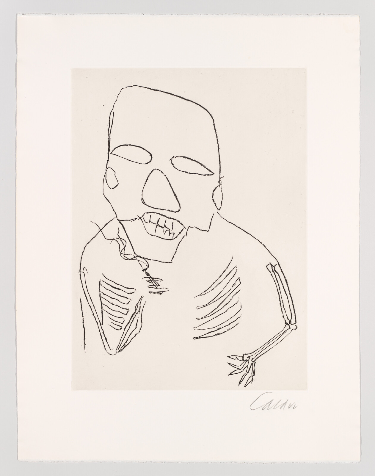 A simple line drawing of a skeletal figure with a large head and bared teeth.