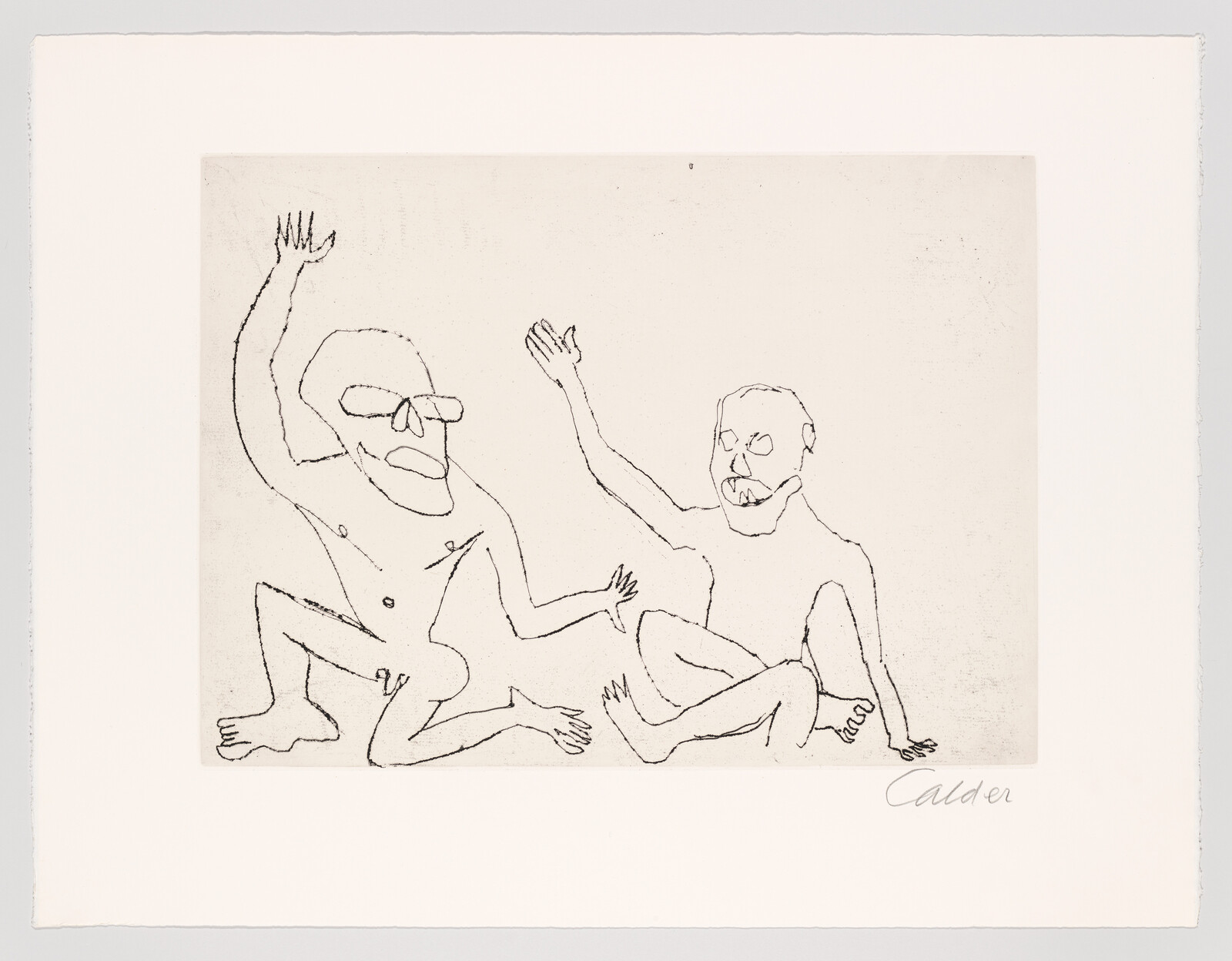 Two seated sketched figures raise their arms in expressive, playful gestures.