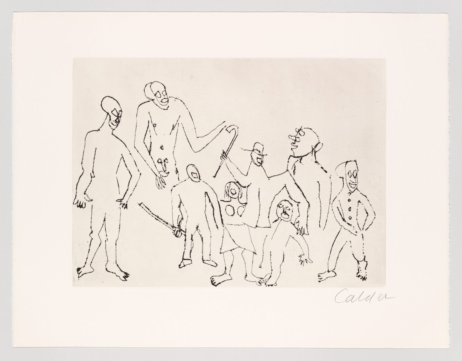 Seven thin, sketchy figures stand together, some holding a cane and a sword.