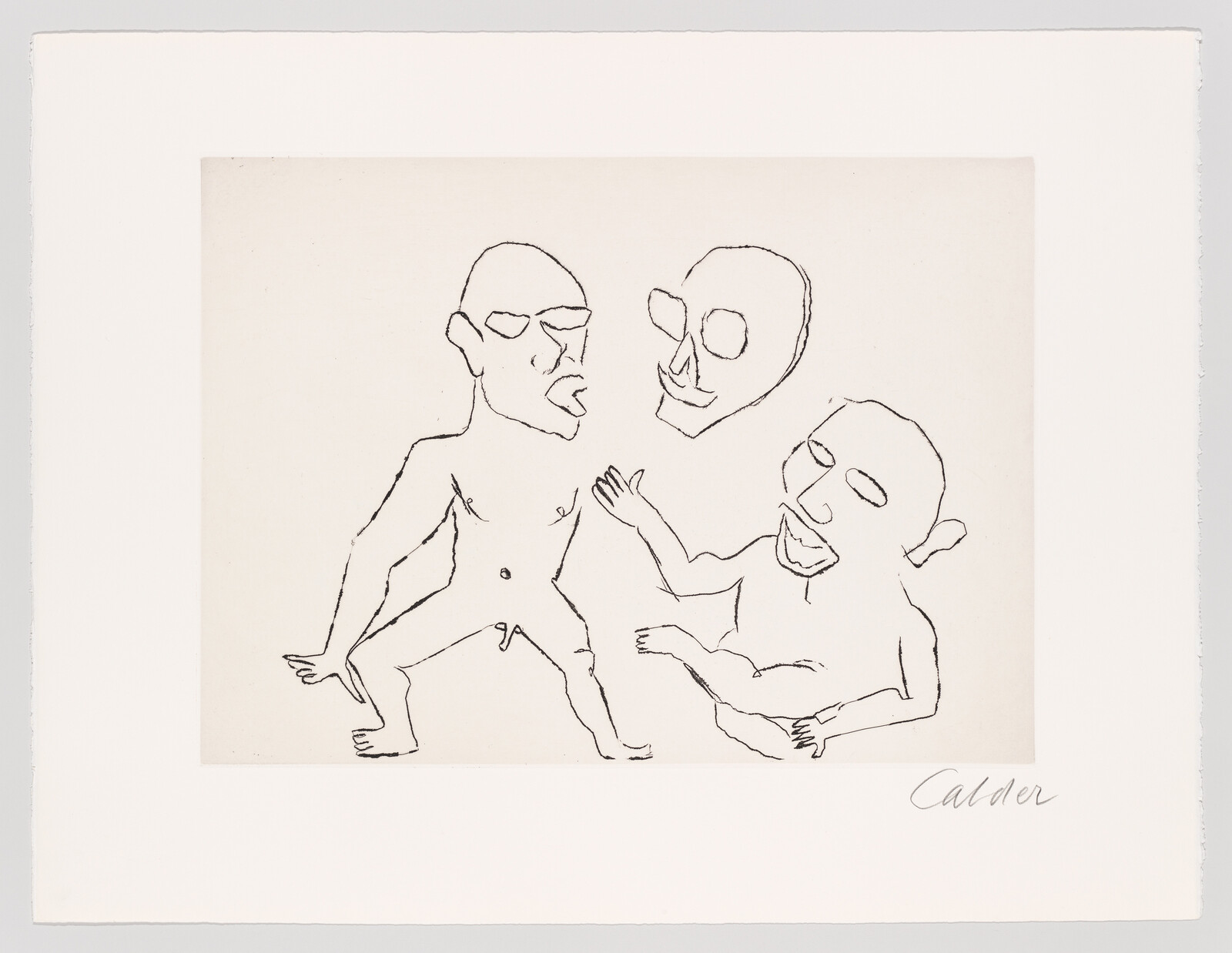 Three simplified, expressive human figures and a floating head drawn in thin black lines.