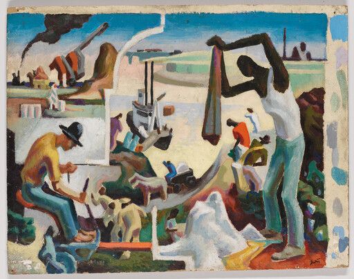 Several people work outdoors, including a man digging, a person holding up cloth, and workers near a boat and animals.