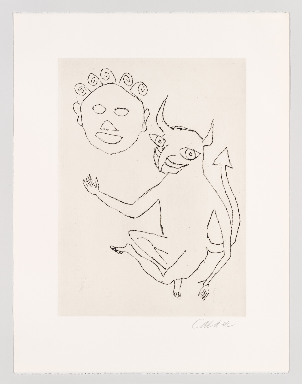 A simple line drawing shows a horned devil creature reaching toward a floating smiling face mask.