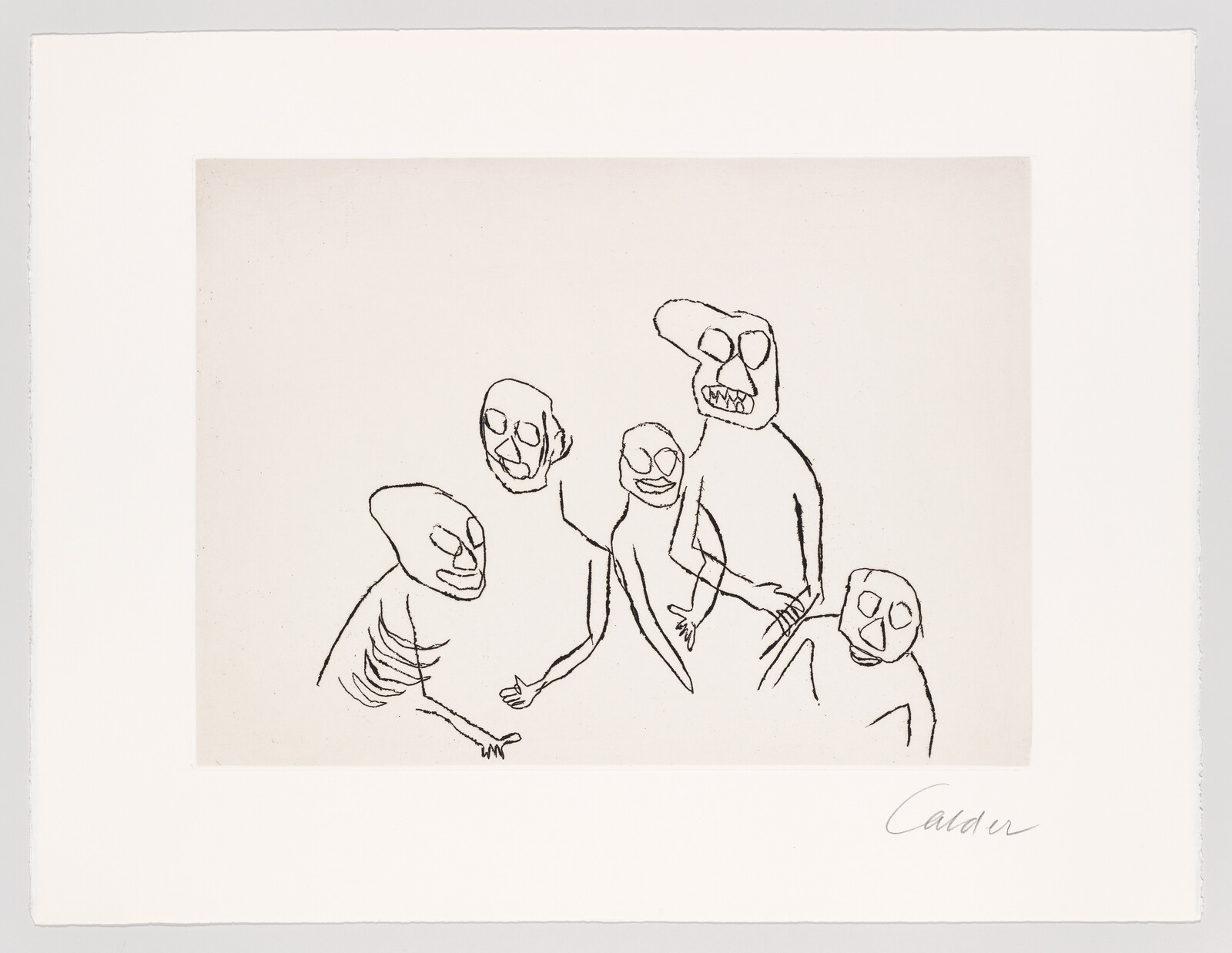 Five loosely drawn, ghostlike figures with exaggerated faces gathered together on a blank background.