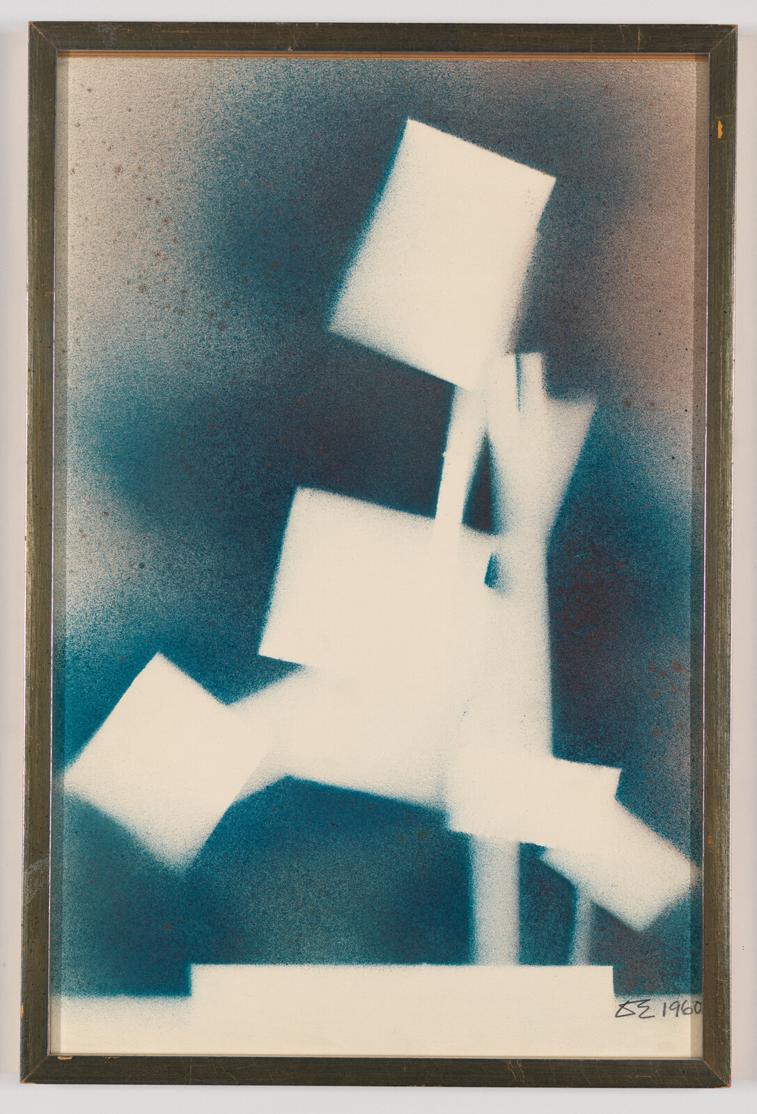 Abstract framed artwork showing overlapping white geometric shapes against a teal-blue spray background.