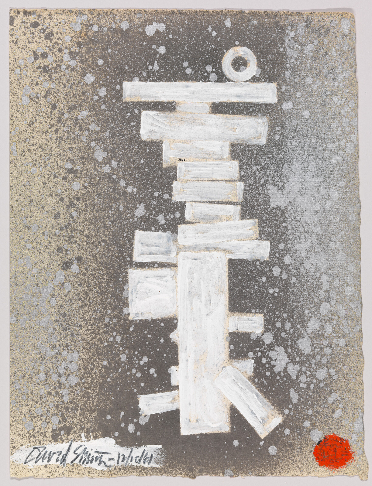 White stacked block shapes form a vertical abstract figure on a speckled gray background with red seal.