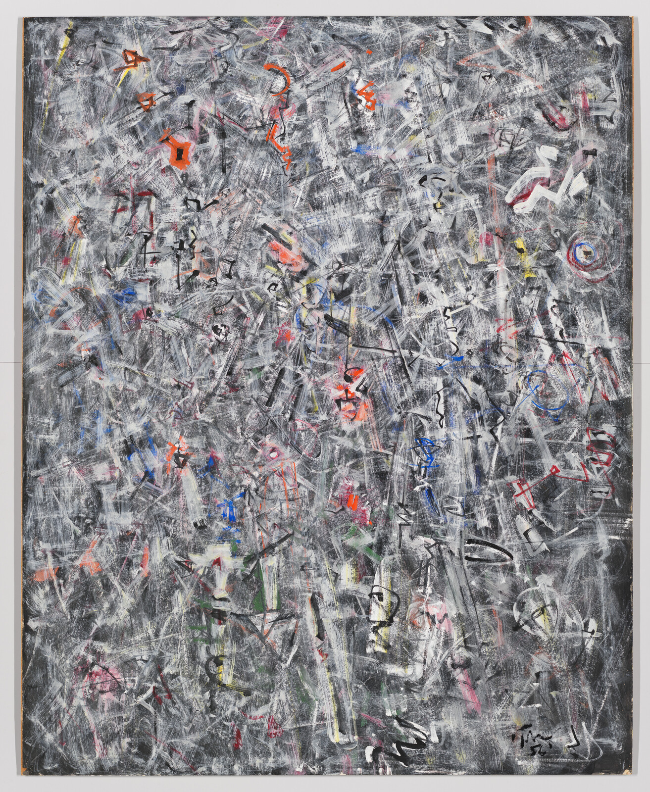Large abstract painting with layered gray scratches and scattered bright colored marks across the canvas.