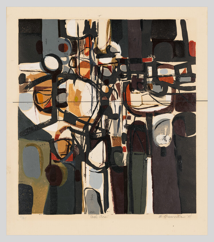 Abstract composition of overlapping circles, rectangles, and thick black lines in earthy muted colors.