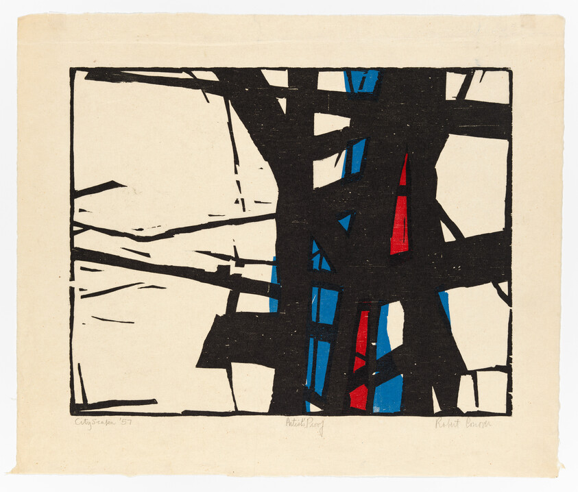 Black intersecting shapes with blue and red vertical stripes on a cream background.