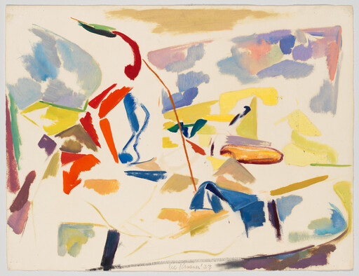 Abstract painting with bold red and blue brushstrokes suggesting a seated figure holding a long pole.