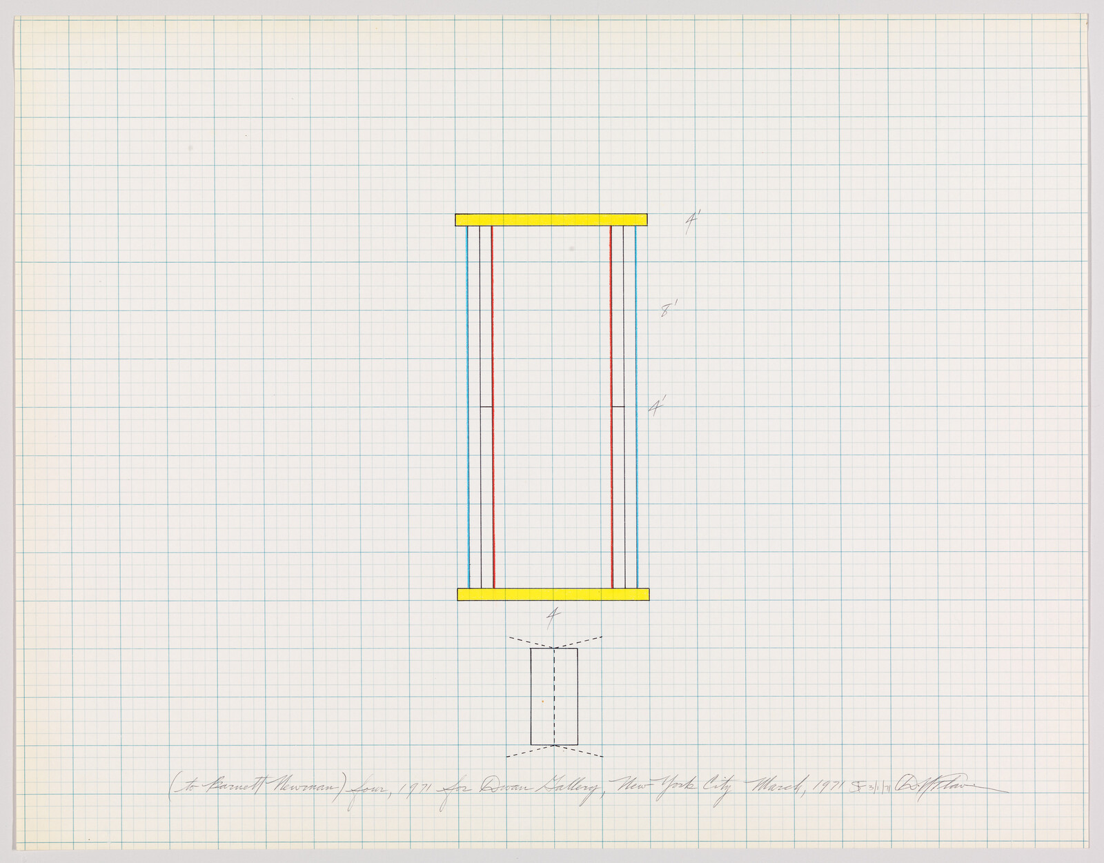 Tall rectangular schematic with yellow top and bottom beams and vertical red and blue lines.