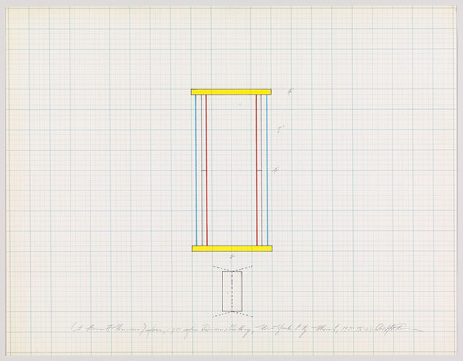 Tall rectangular schematic with yellow top and bottom beams and vertical red and blue lines.