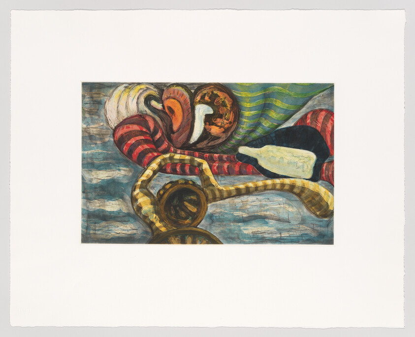 A colorful still life with striped fabric, seashells, a bottle, and a coiled brass horn on blue surface.