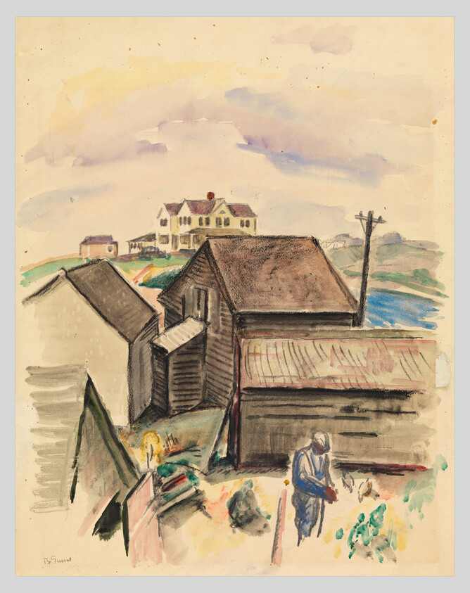 Watercolor painting of rustic buildings with a figure in blue, set against a backdrop of a house on a hill and a cloudy sky.