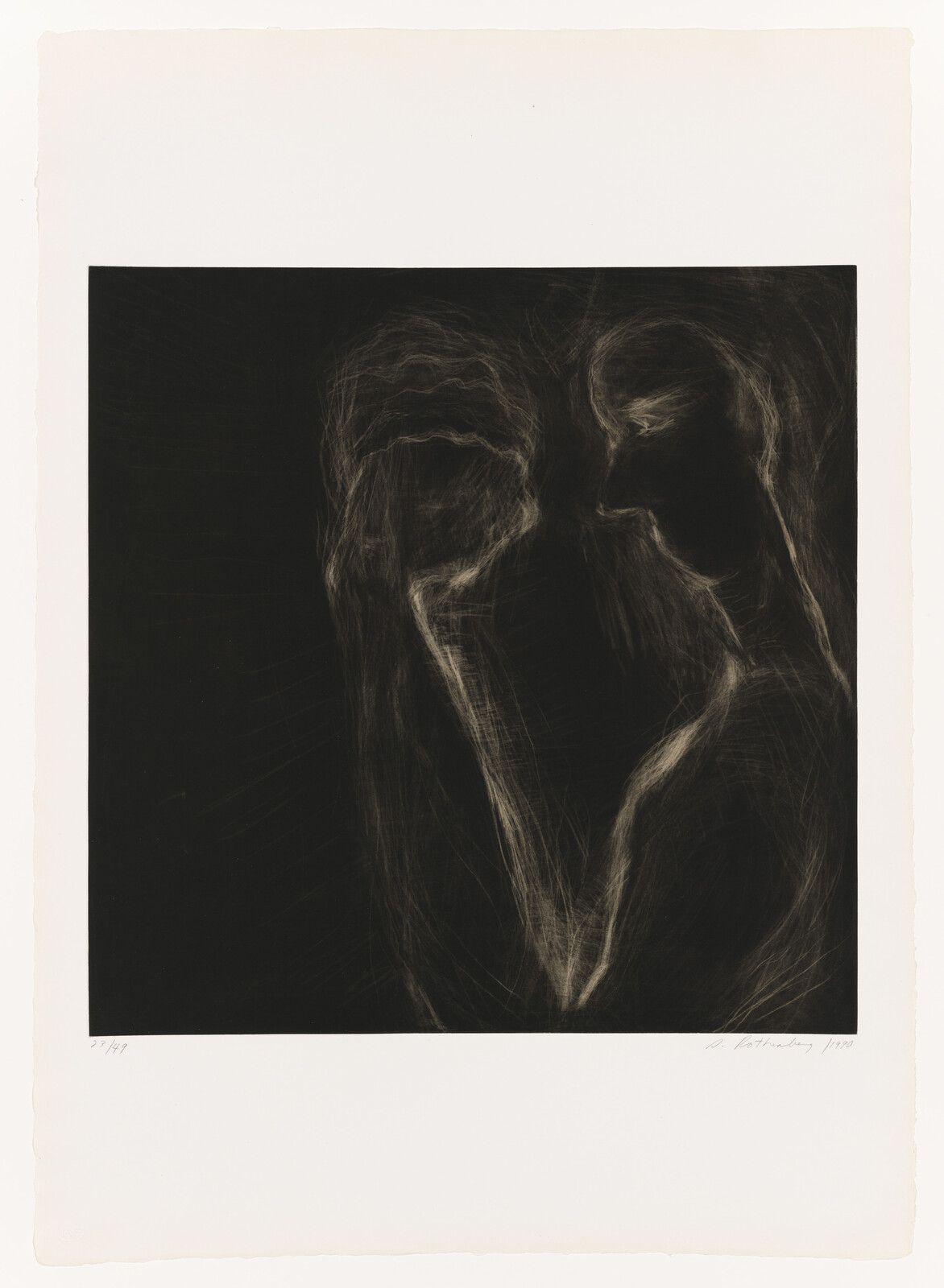 A monochromatic artwork depicting a ghostly, skeletal figure that appears to be in motion, with lines suggesting the form of a human face or skull. The image is set against a black background and is surrounded by a white border. The bottom of the border features handwritten text and numbers, possibly indicating the title and date of the work.