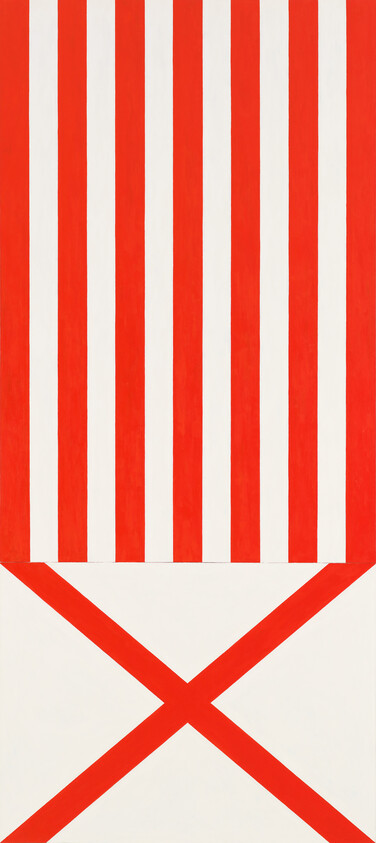 Red and white vertical stripes above a white panel crossed by a bold red X.