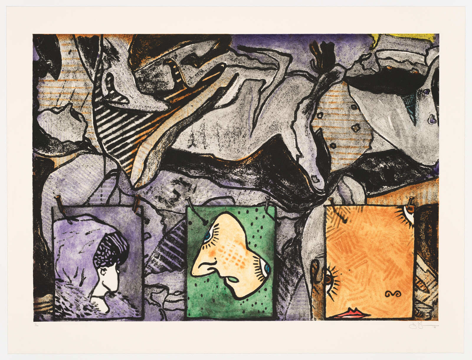 Three stylized faces in colored rectangles appear against a textured abstract background.