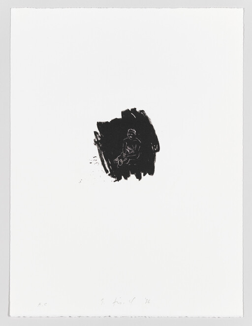 A small ink blotch near the center shows a seated person holding a small object or animal.