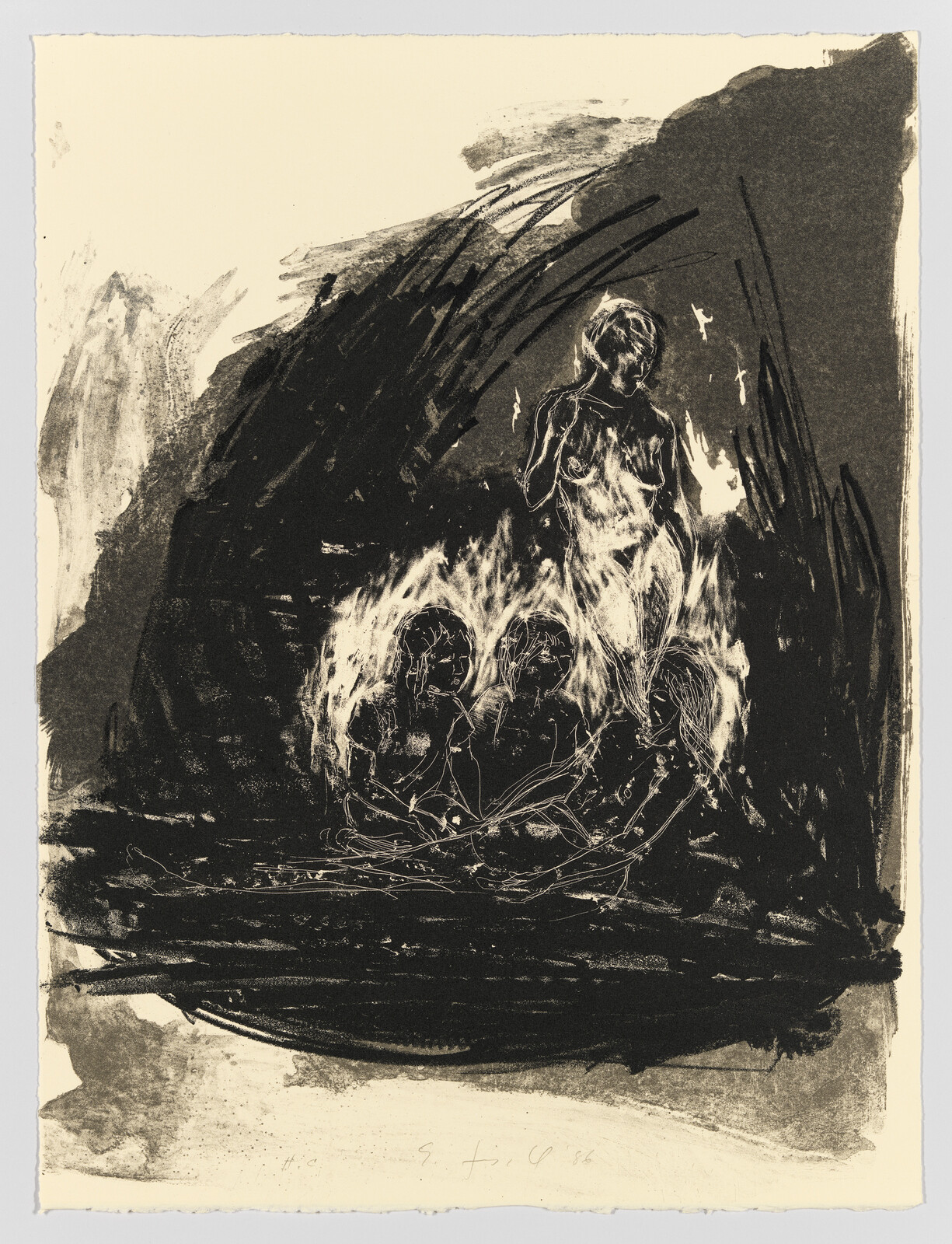 Three seated children surrounded by flames while a standing figure watches from behind.