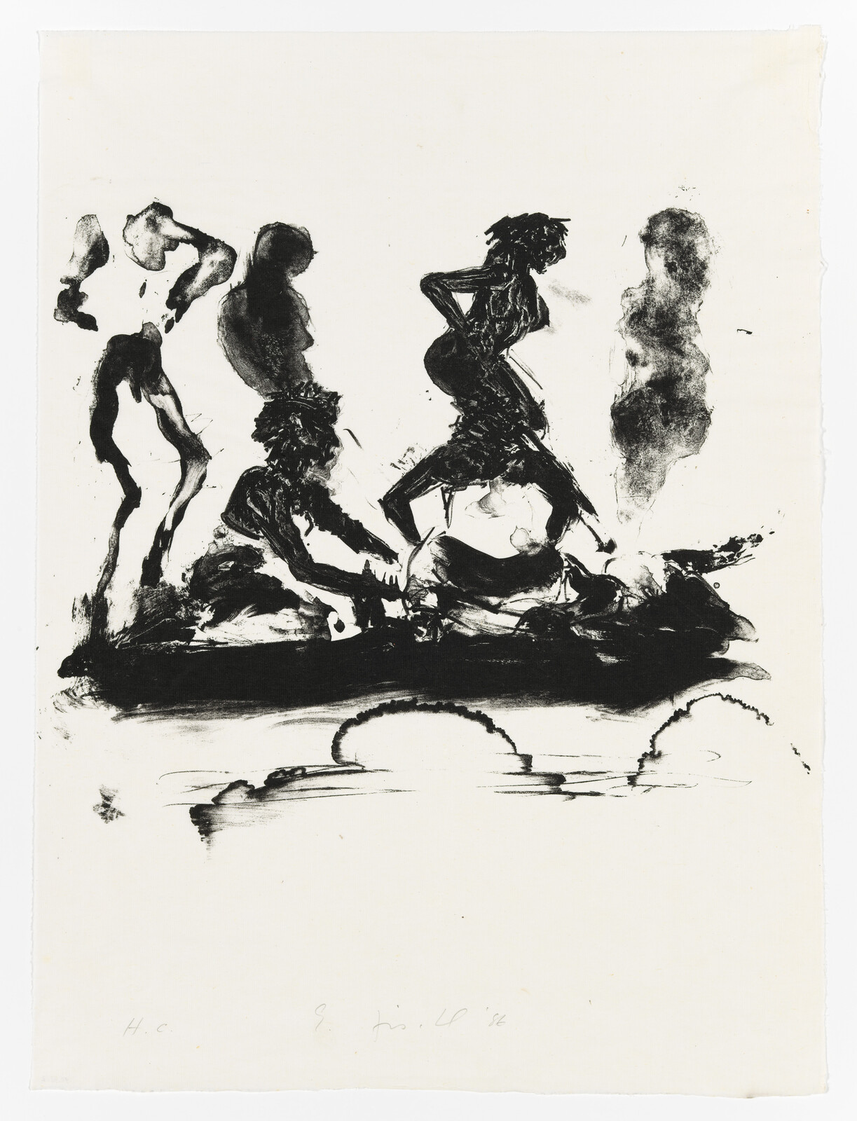 Several dark figures struggle in and around a small boat on rough water.