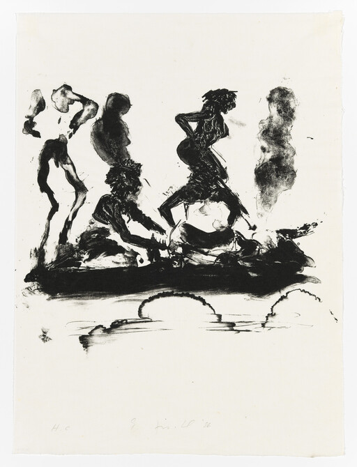 Several dark figures struggle in and around a small boat on rough water.